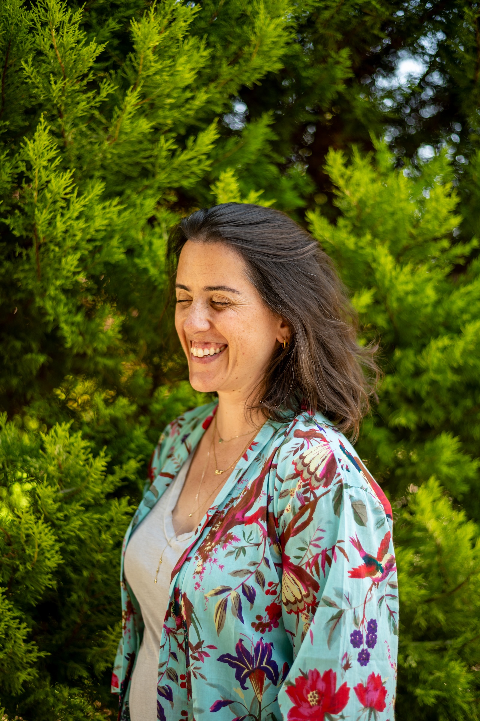 Portrait laughing in a floral kimono, Crete