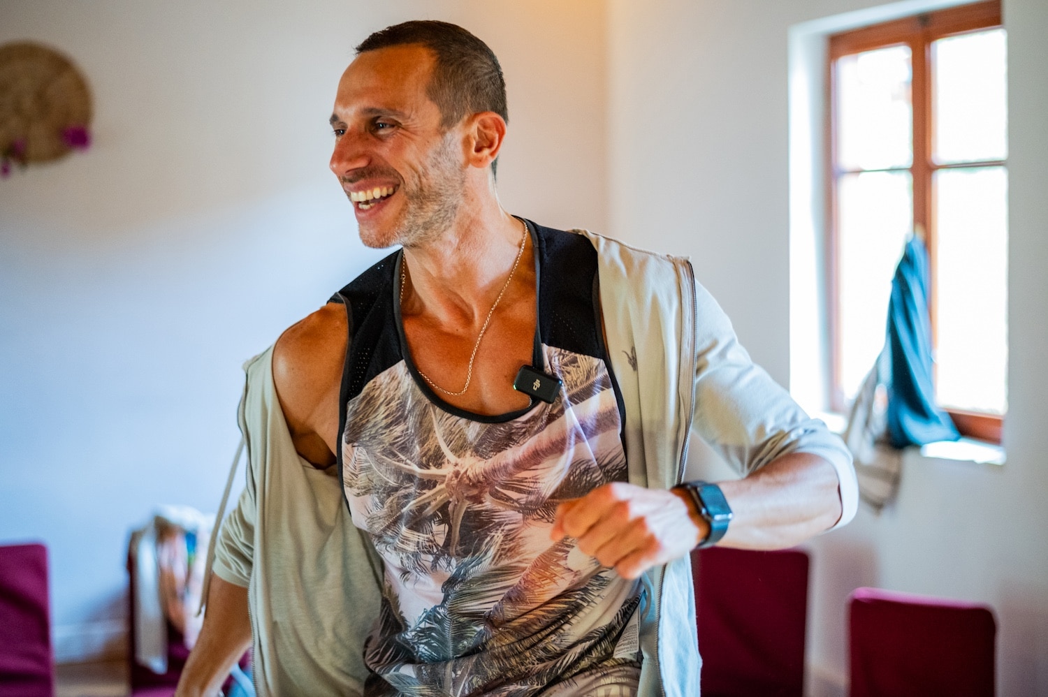 Portrait mid-laugh indoors, Crete